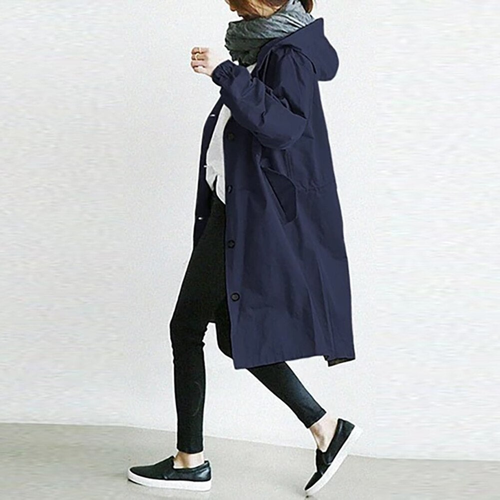 Monika Grau Oversized Trenchcoat mit Kapuze für Damen | Casual Herbststil - S/M/L/XL/2XL/3XL/4XL/5XL