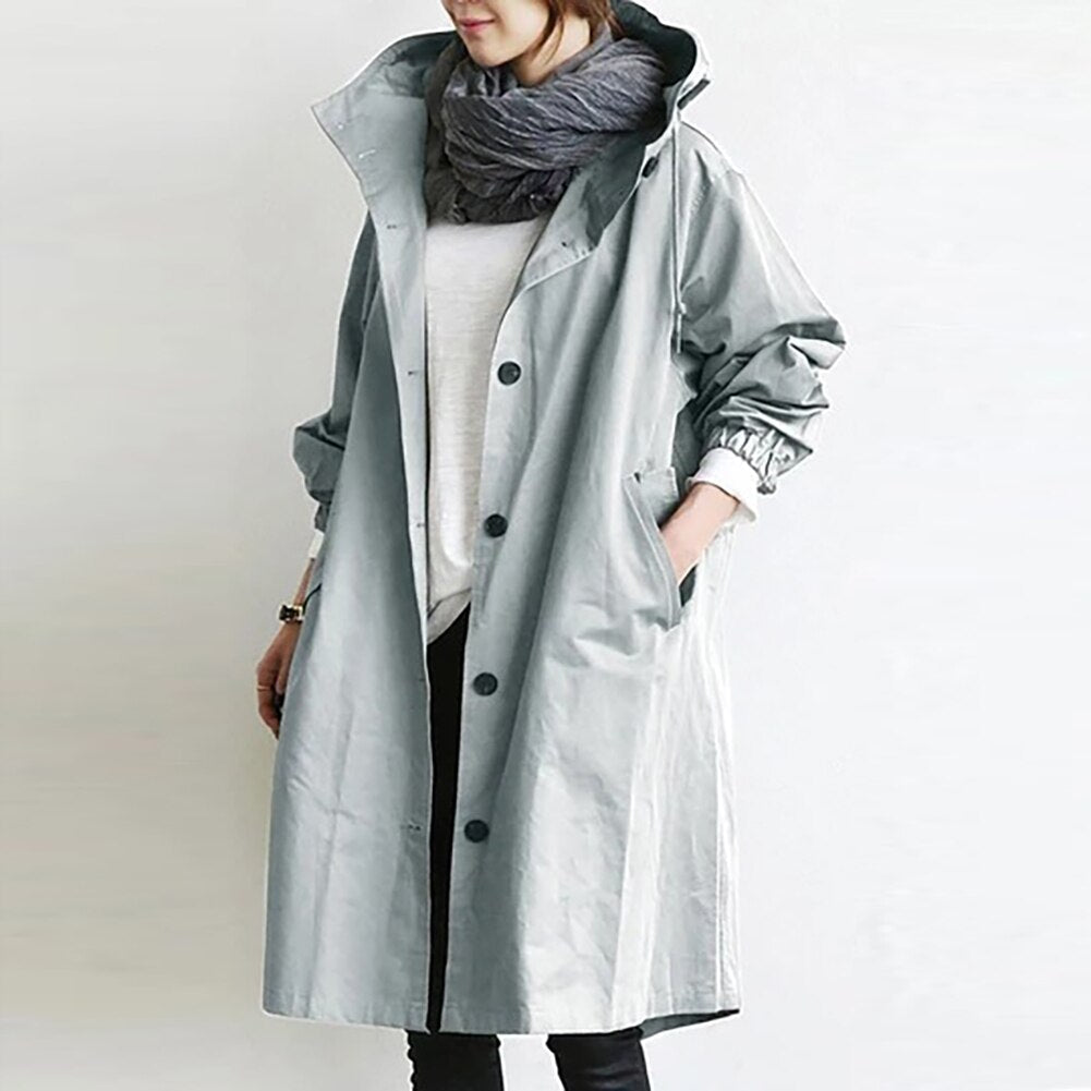 Monika Grau Oversized Trenchcoat mit Kapuze für Damen | Casual Herbststil - S/M/L/XL/2XL/3XL/4XL/5XL
