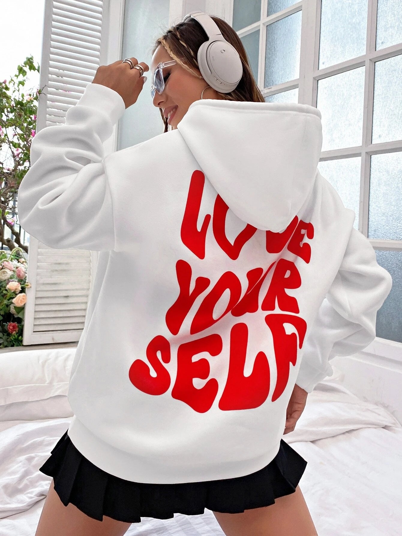 Wanda Schwarz Oversized Bedruckter Kapuzenpullover mit Kapuze für Damen | Streetwear Casual Winter - S/M/L/XL/2XL