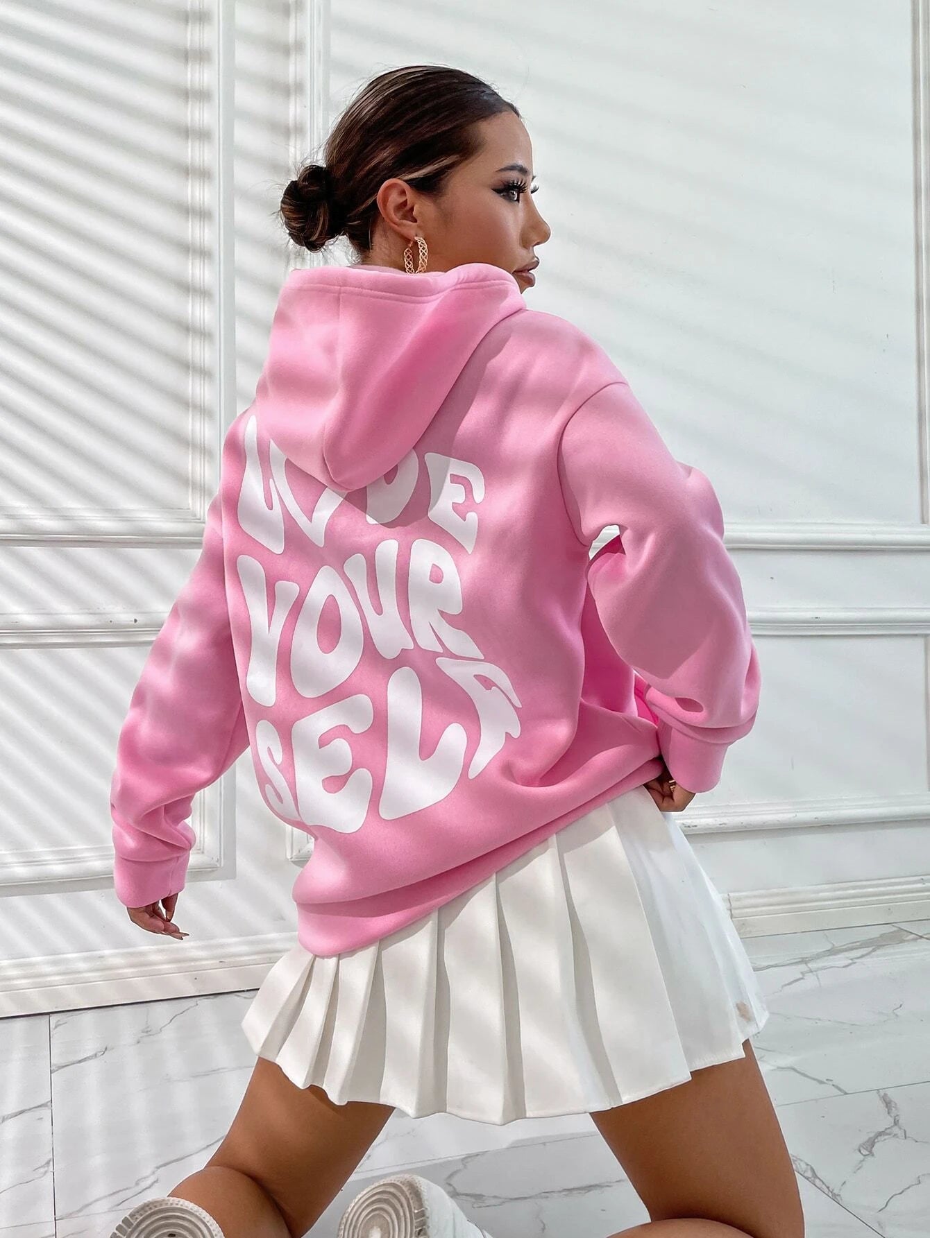 Wanda Schwarz Oversized Bedruckter Kapuzenpullover mit Kapuze für Damen | Streetwear Casual Winter - S/M/L/XL/2XL