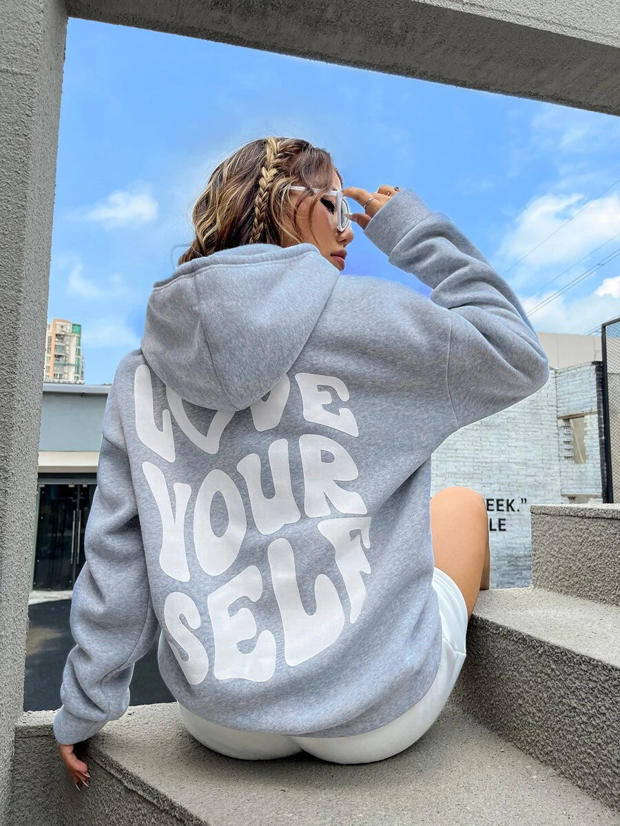 Wanda Schwarz Oversized Bedruckter Kapuzenpullover mit Kapuze für Damen | Streetwear Casual Winter - S/M/L/XL/2XL