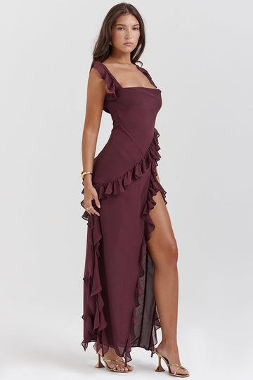 Rosemarie Burgundisch Rüschen Maxi Kleid für Damen | Elegante Figurbetonte Passform | Hochzeit & Abendanlass - S-2XL