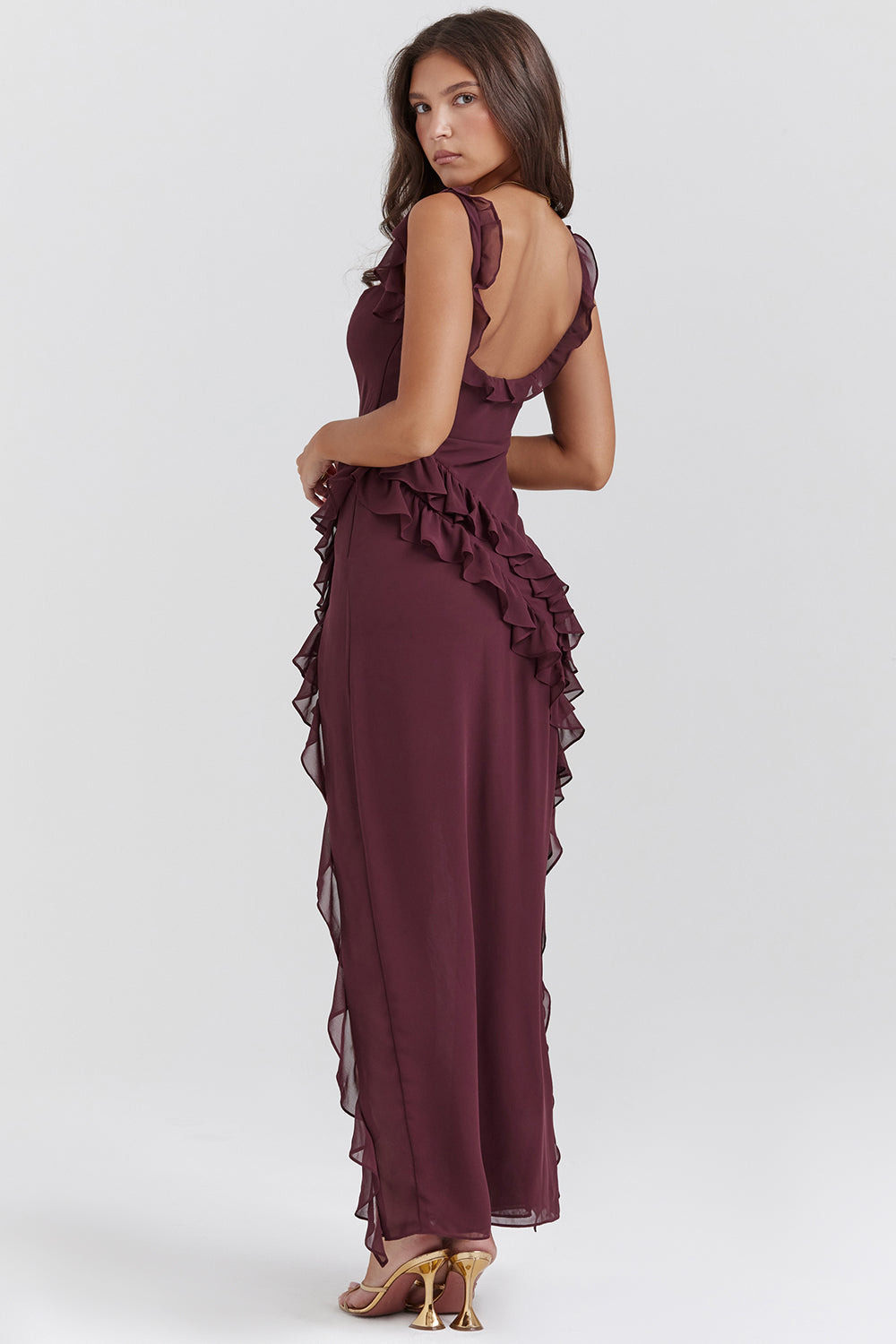 Rosemarie Burgundisch Rüschen Maxi Kleid für Damen | Elegante Figurbetonte Passform | Hochzeit & Abendanlass - S-2XL