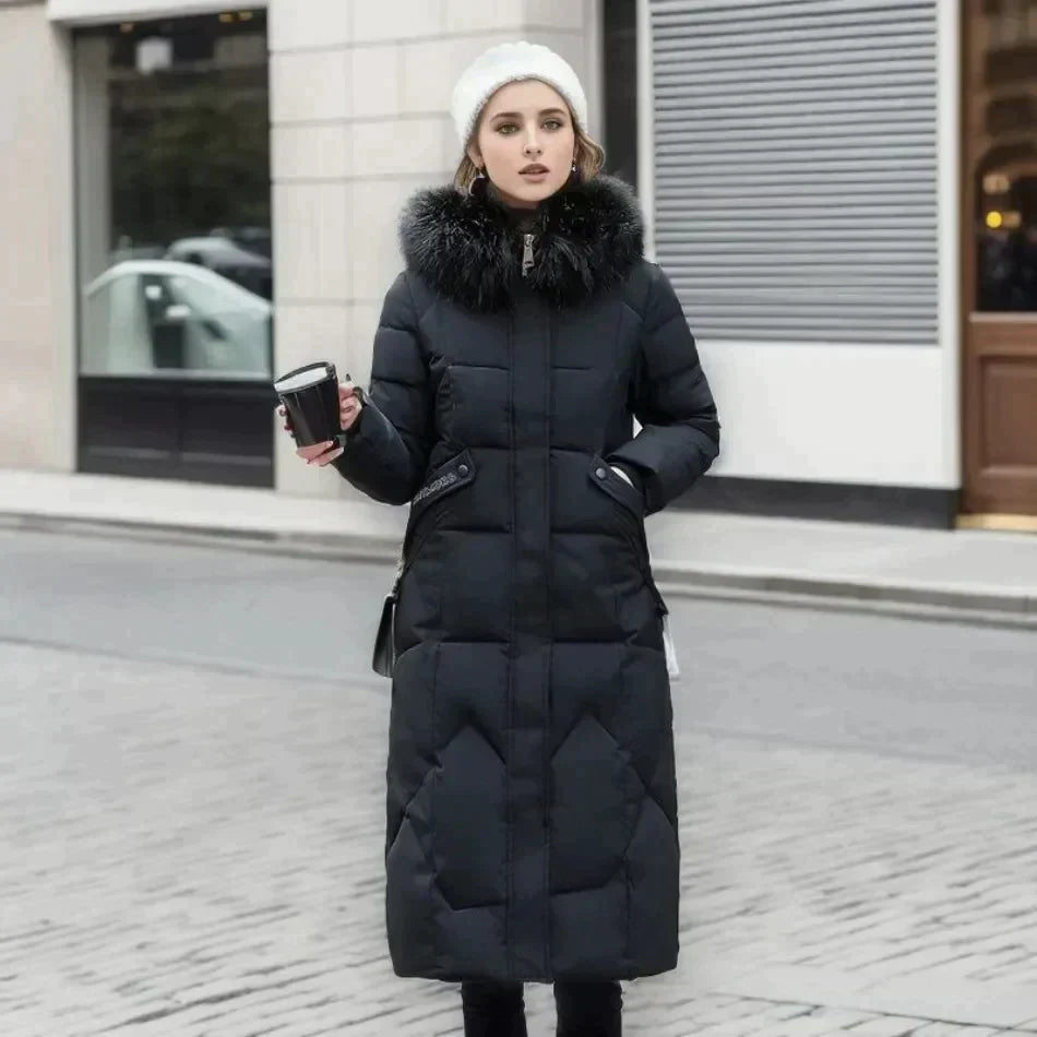 Nadine Weiss Langer Stepp-Wintermantel mit Kunstfell-Kapuze für Damen | Isoliert Maxi Winter Stil - S/M/L/XL/2XL/3XL/4XL