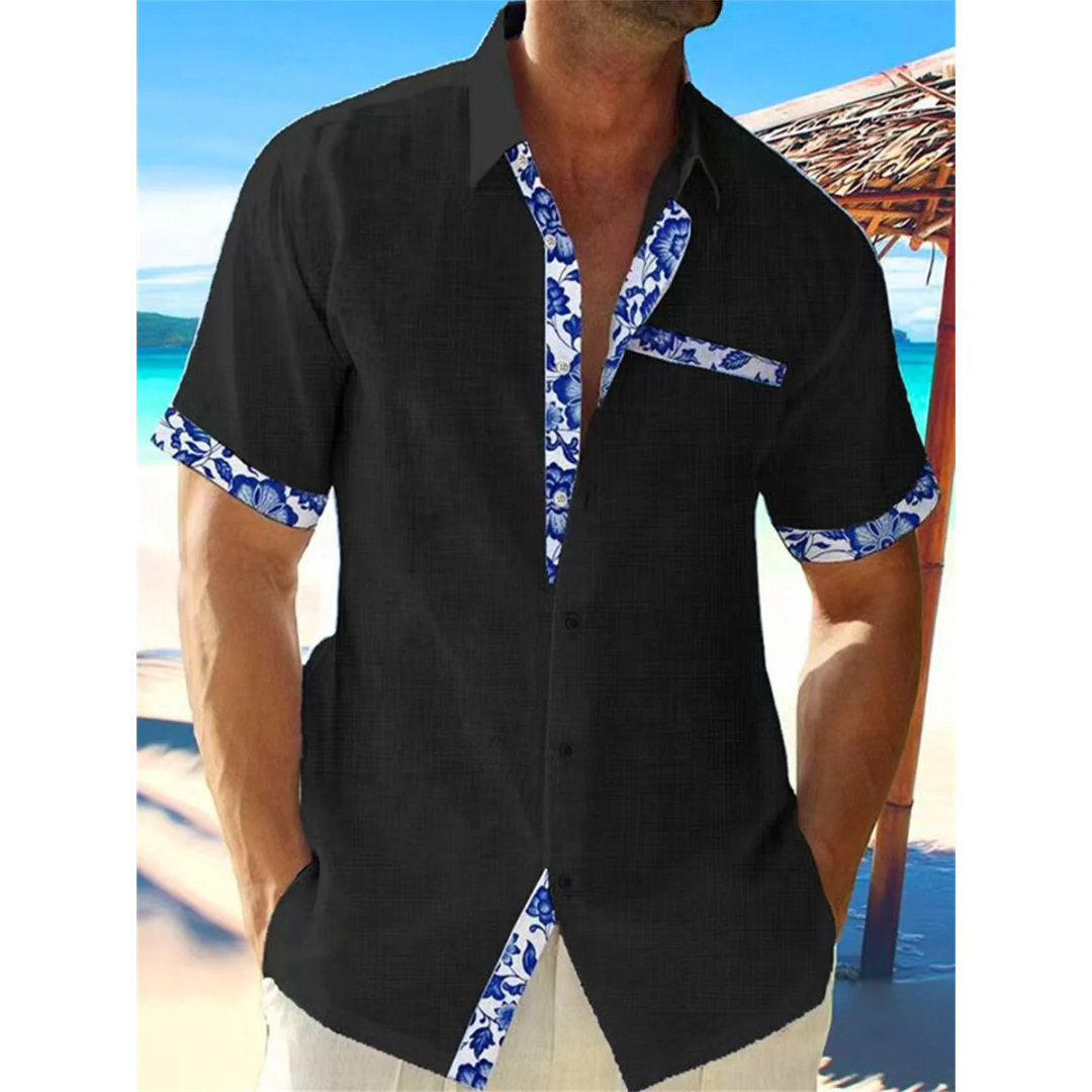 Rolf Weiss Leinenoptik Kurzarmhemd für Herren | Geblümte Kontrastdetails Casual Fit | Urlaub Sommer - S-5XL