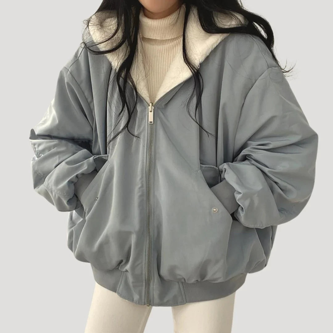 Marlis Grau Oversized Wattierte Winterjacke mit Kunstfell-Futter für Damen | Bomber Stil Casual - S/M/L/XL