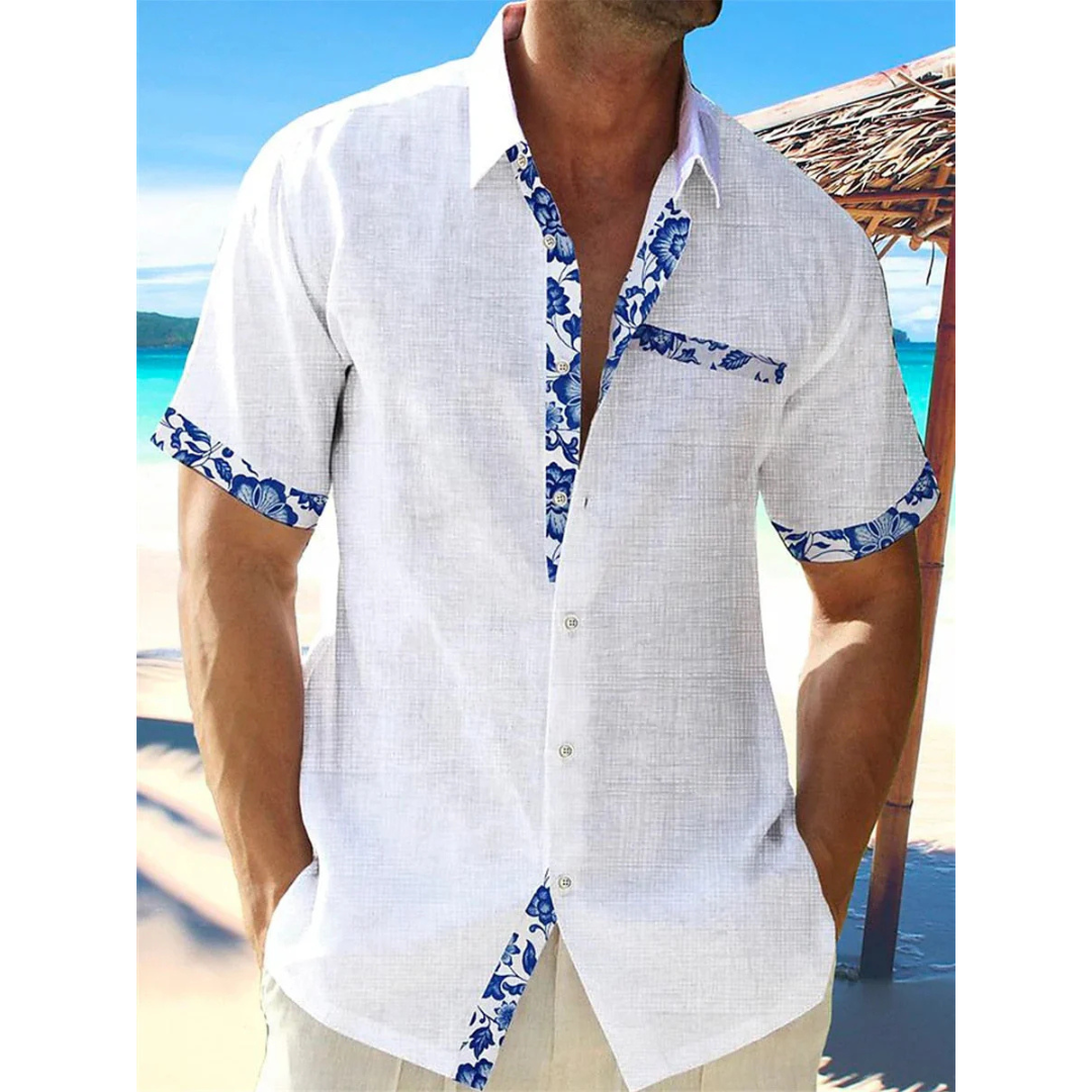 Rolf Weiss Leinenoptik Kurzarmhemd für Herren | Geblümte Kontrastdetails Casual Fit | Urlaub Sommer - S-5XL