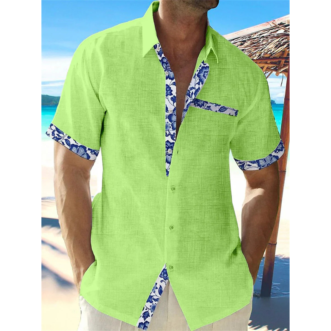 Rolf Weiss Leinenoptik Kurzarmhemd für Herren | Geblümte Kontrastdetails Casual Fit | Urlaub Sommer - S-5XL