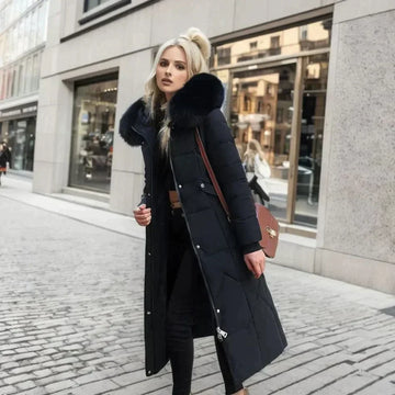 Nadine Weiss Langer Stepp-Wintermantel mit Kunstfell-Kapuze für Damen | Isoliert Maxi Winter Stil - S/M/L/XL/2XL/3XL/4XL