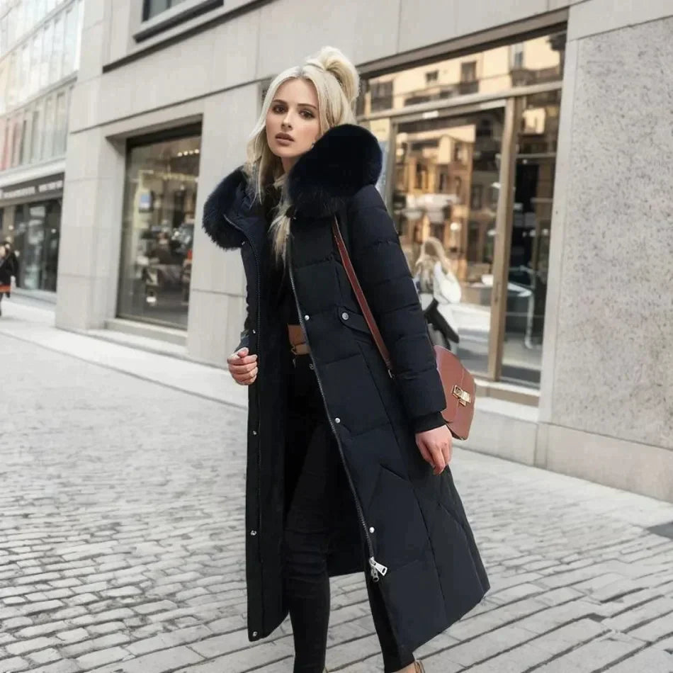 Nadine Weiss Langer Stepp-Wintermantel mit Kunstfell-Kapuze für Damen | Isoliert Maxi Winter Stil - S/M/L/XL/2XL/3XL/4XL