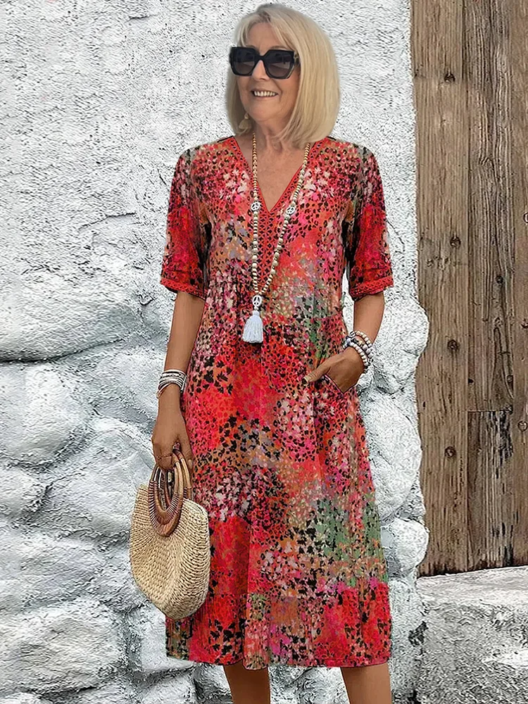 Vreni Beige Floral Print V-Neck Midi Dress for Women | Flowy Relaxed Fit | Sommerurlaub - S/M/L/XL/2XL/3XL