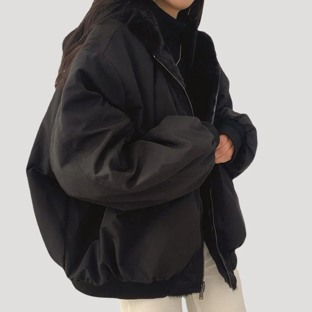 Marlis Grau Oversized Wattierte Winterjacke mit Kunstfell-Futter für Damen | Bomber Stil Casual - S/M/L/XL