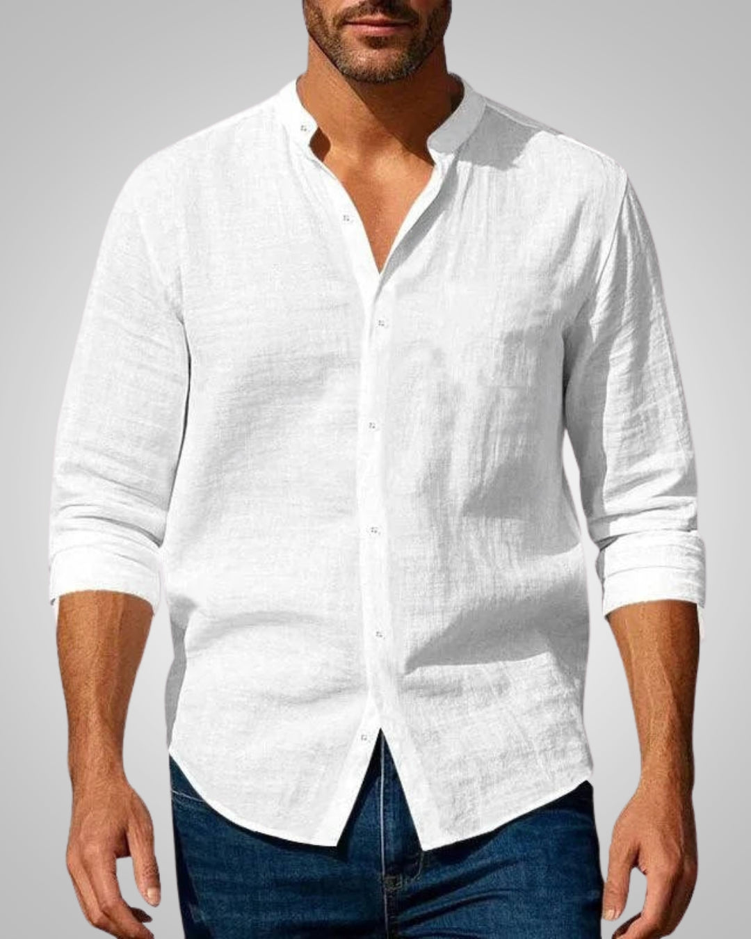 Heinz Grau Stehkragen Slim Fit Leinenoptik Hemd für Herren | Casual Sommerhemd - M/L/XL/2XL/3XL/4XL