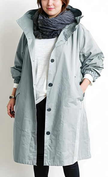 Olga Grau Langer Mantel mit Kapuze für Damen | Übergrösse Übergangsmantel Baumwolle - L/XL/2XL/3XL/4XL