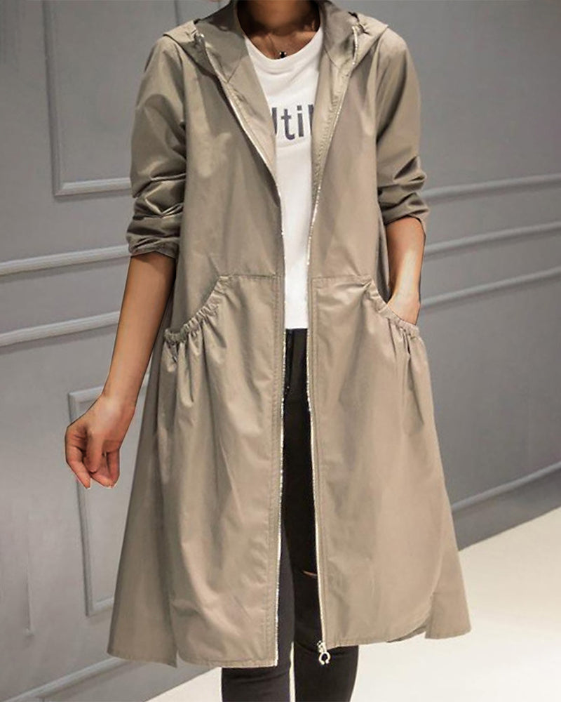 Xenia Khaki Langer Trenchcoat mit Kapuze für Damen | Wasserdicht Herbst Winter Casual - M/L/XL/2XL/3XL