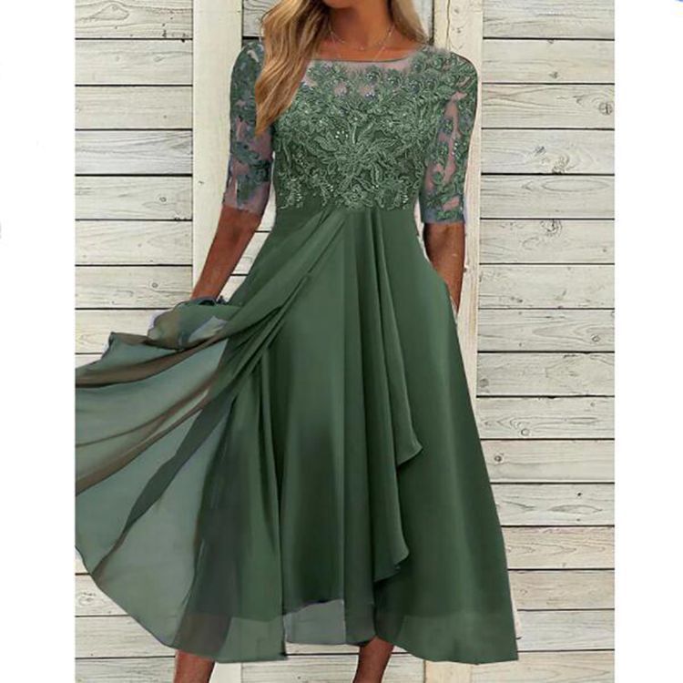 Rosemarie Grün Spitzen-Chiffon Midikleid für Damen | Elegante A-Linie | Hochzeit & Abendanlass - S/M/L/XL/2XL/3XL