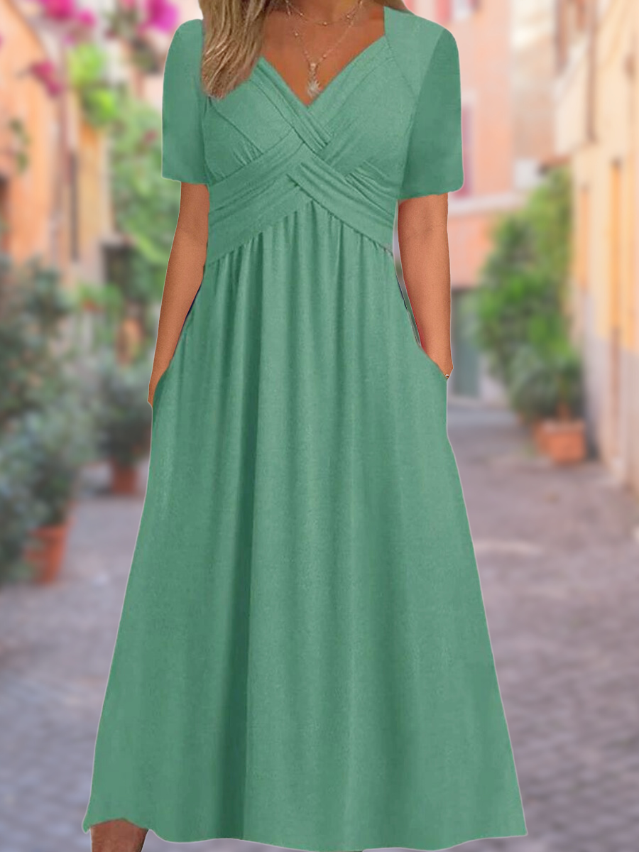 Monika Grau Kreuzrücken V-Ausschnitt Midi-Kleid für Damen | Elegante A-Linie mit Taschen - S/M/L/XL/2XL/3XL