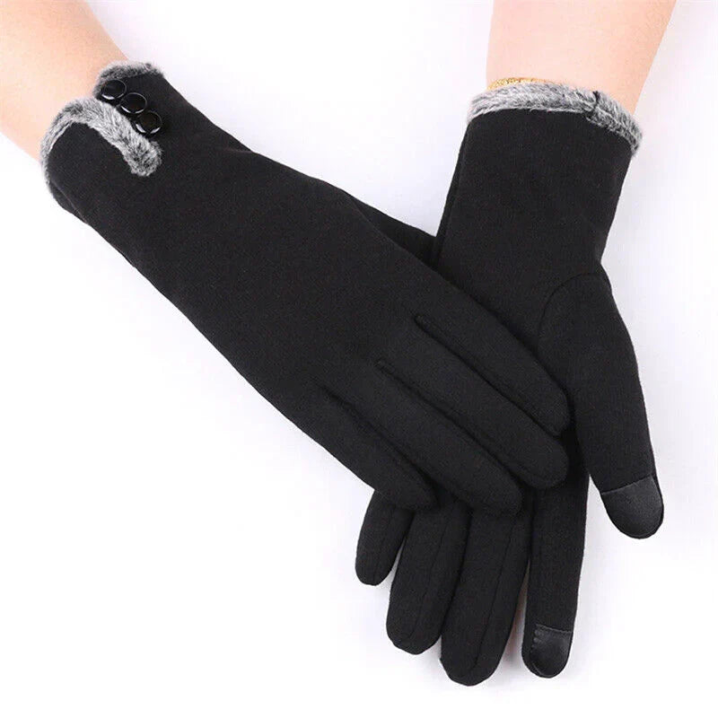 Erika Schwarz Touchscreen-Handschuhe mit Kunstfell-Besatz für Damen | Warme Winterhandschuhe Casual - Einheitsgrösse