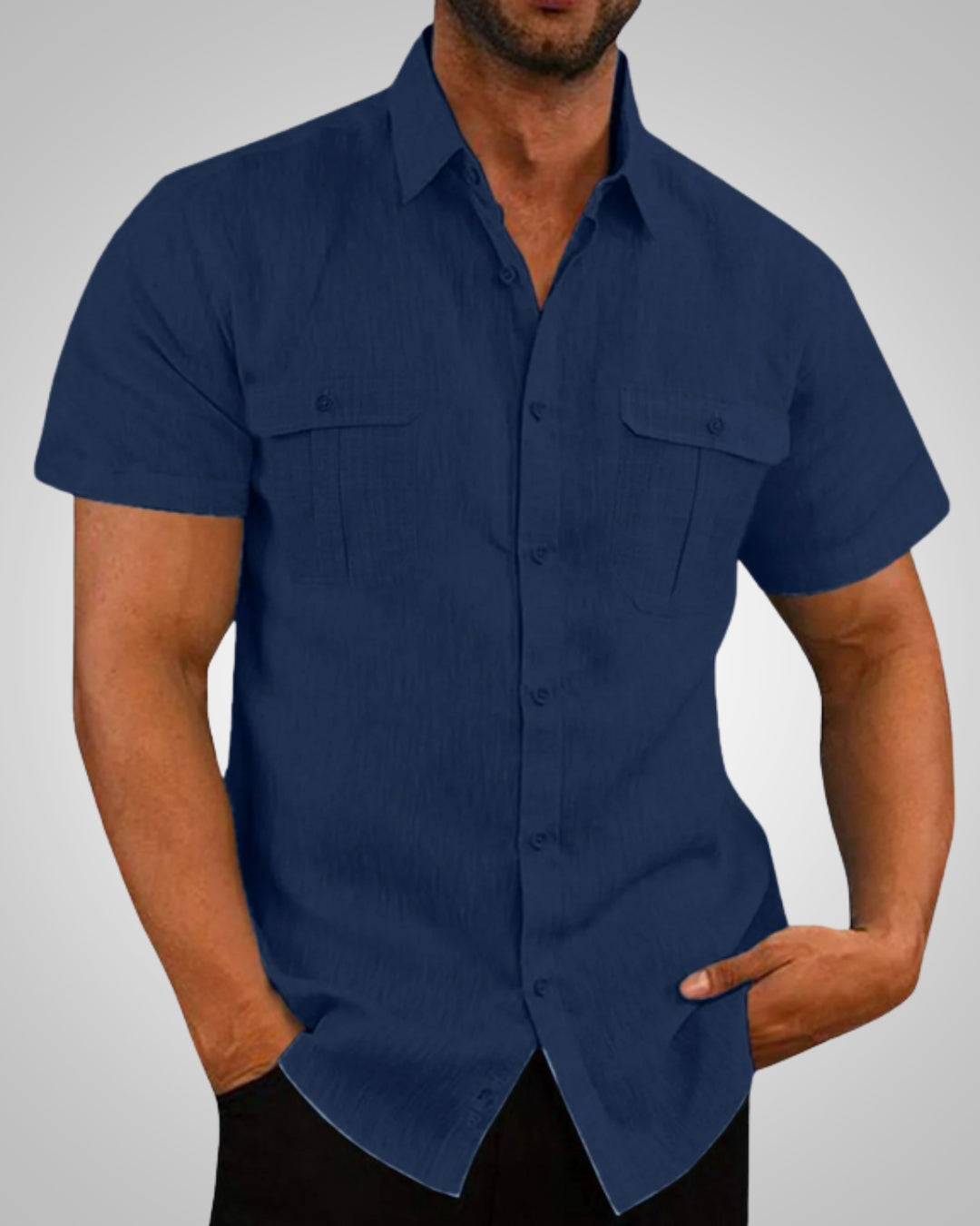 Beat Hellblau Leinenoptik Kurzarm-Hemd mit Brusttaschen für Herren | Casual Relaxed Fit - M/L/XL/2XL/3XL/4XL/5XL