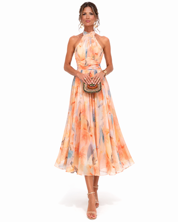 Rosemarie Peach Aquarell-Print Halter Neck Midi Kleid für Damen | Fliessende A-Linie | Hochzeit & Sommerfeier - S/M/L/XL/2XL/3XL