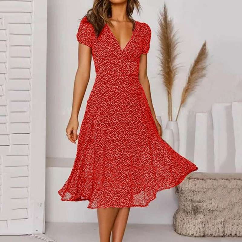 Monika Stil 1 Puffärmel V-Ausschnitt Wickel-Midikleid für Damen | Leichtes A-Linien-Kleid - S/M/L/XL/2XL