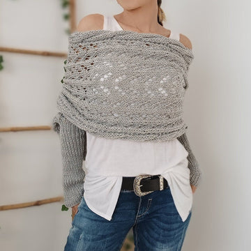 Vreni Hellgrau Gestrickter Schulterüberwurf mit Ärmeln und Lochmuster für Damen | Boho Casual Stil - S/M/L/XL
