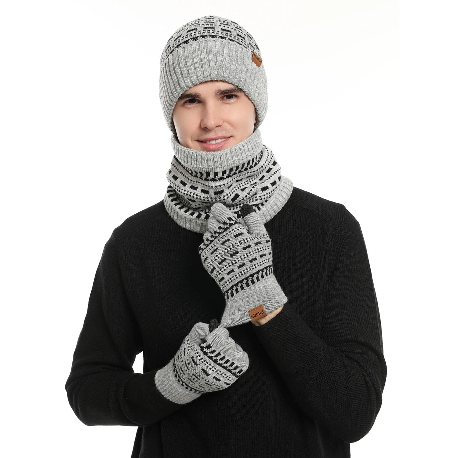 Theo Hellgrau Gefüttertes Strick-Winterset Mütze Schal Handschuhe für Herren | Winter Outdoor Casual - Einheitsgrösse