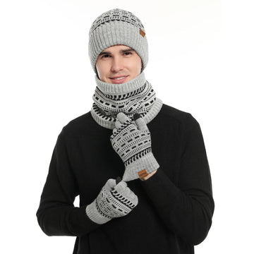 Theo Hellgrau Gefüttertes Strick-Winterset Mütze Schal Handschuhe für Herren | Winter Outdoor Casual - Einheitsgrösse