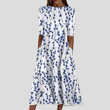 Annemarie Blau Botanisches Blatt-Print Midi Kleid für Damen | Leichte A-Linie mit Taschen | Sommer - S/M/L/XL/2XL/3XL/4XL/5XL