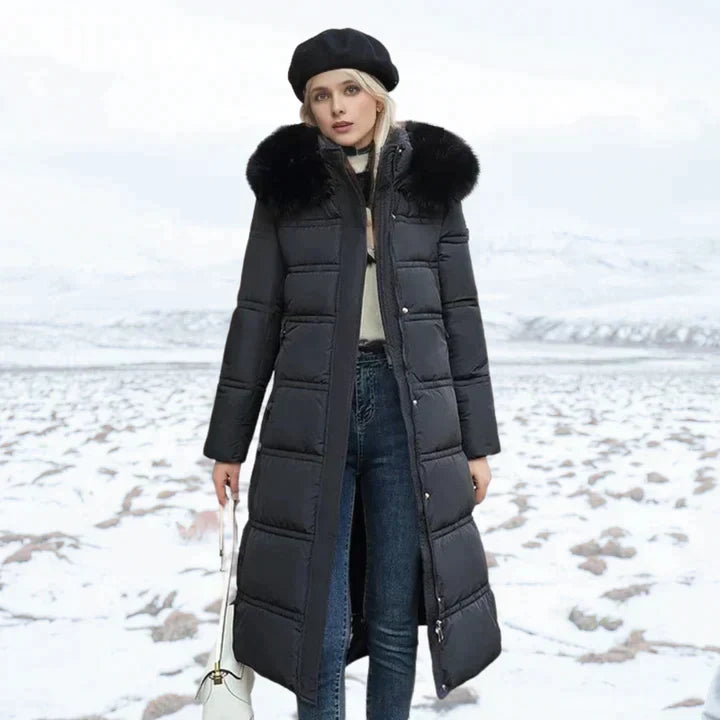 Christine Braun Langer Isolierter Stepp-Wintermantel mit Kapuze für Damen | Kunstfellbesatz Gürtel Elegant - M/L/XL/2XL