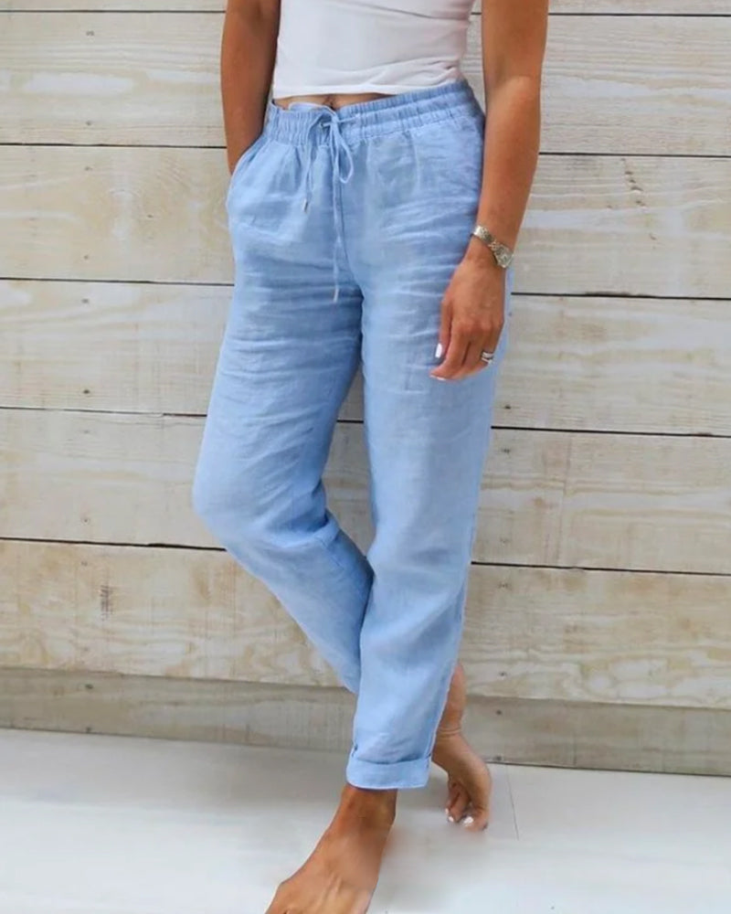 Elsbeth Blau Leinen Straight-Leg Hose für Damen | Elastischer Kordelzugbund | Sommer Alltag - S-5XL