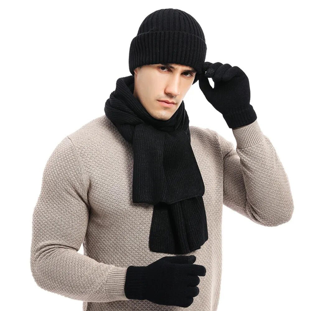Heinz Grau Strickset Mütze Schal Handschuhe für Herren | Winter Dreiteiler Grobstrick Casual - Einheitsgrösse