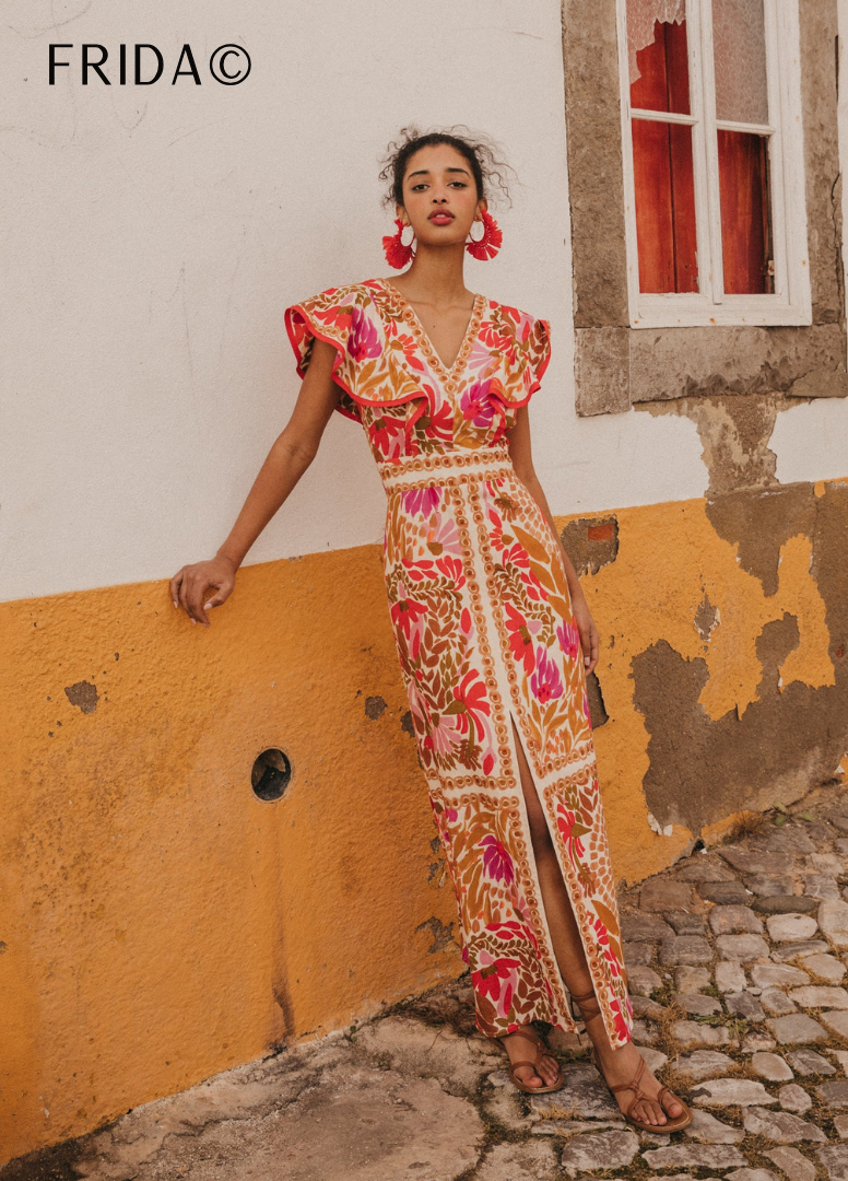 Rosemarie Mehrfarbig Florales Rüschen-Maxikleid für Damen | Leichtes Sommerkleid | Offener Rücken - S/M/L/XL