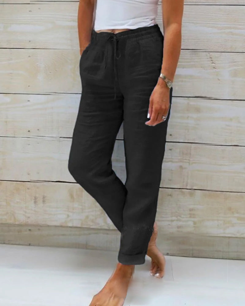 Elsbeth Blau Leinen Straight-Leg Hose für Damen | Elastischer Kordelzugbund | Sommer Alltag - S-5XL