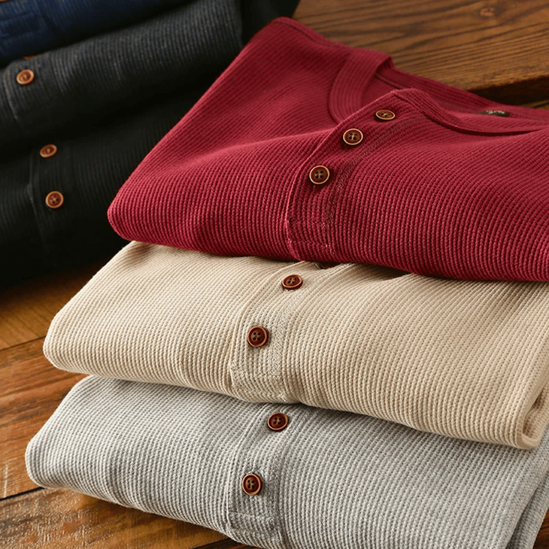 Werner Grau Geripptes Langarm-Henley-Shirt für Herren | Entspannter Komfort | Alltag & Freizeit - S/M/L/XL/2XL