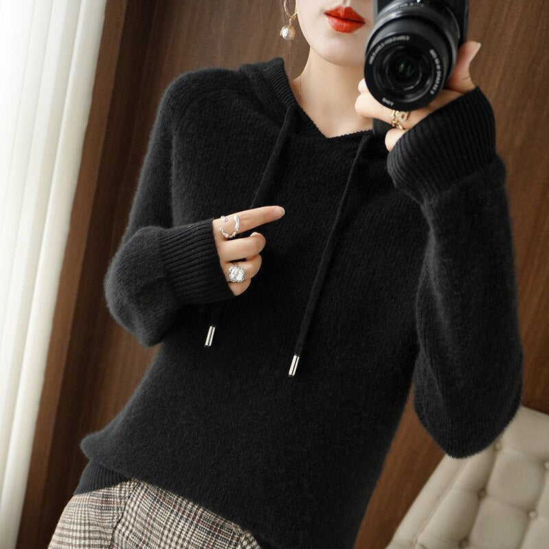 Waltraud Beige Weicher Strick-Kapuzenpullover für Damen | Relaxed Fit mit Kapuze Casual Winter - S/M/L/XL/2XL