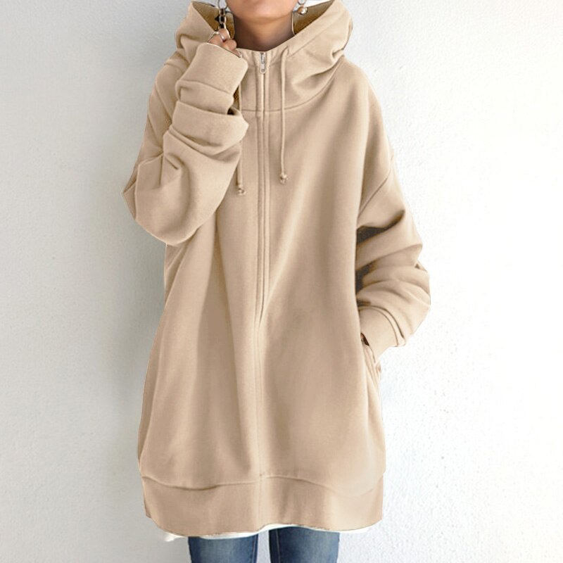 Agnes Grau Oversized Longline Zip-Hoodie-Jacke mit Kapuze für Damen | Winter Casual - S/M/L/XL/2XL/3XL/4XL/5XL
