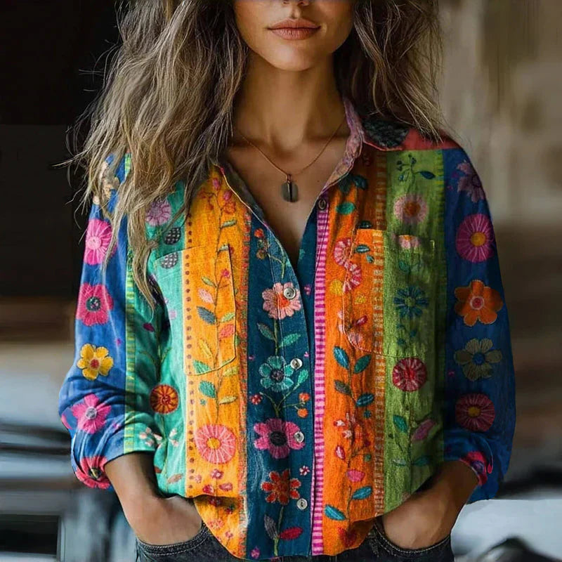 Vreni Rote Vintage-Print Langarm Damenbluse | Lockere Passform Boho-Stil | Freizeit und Reisen - S-3XL