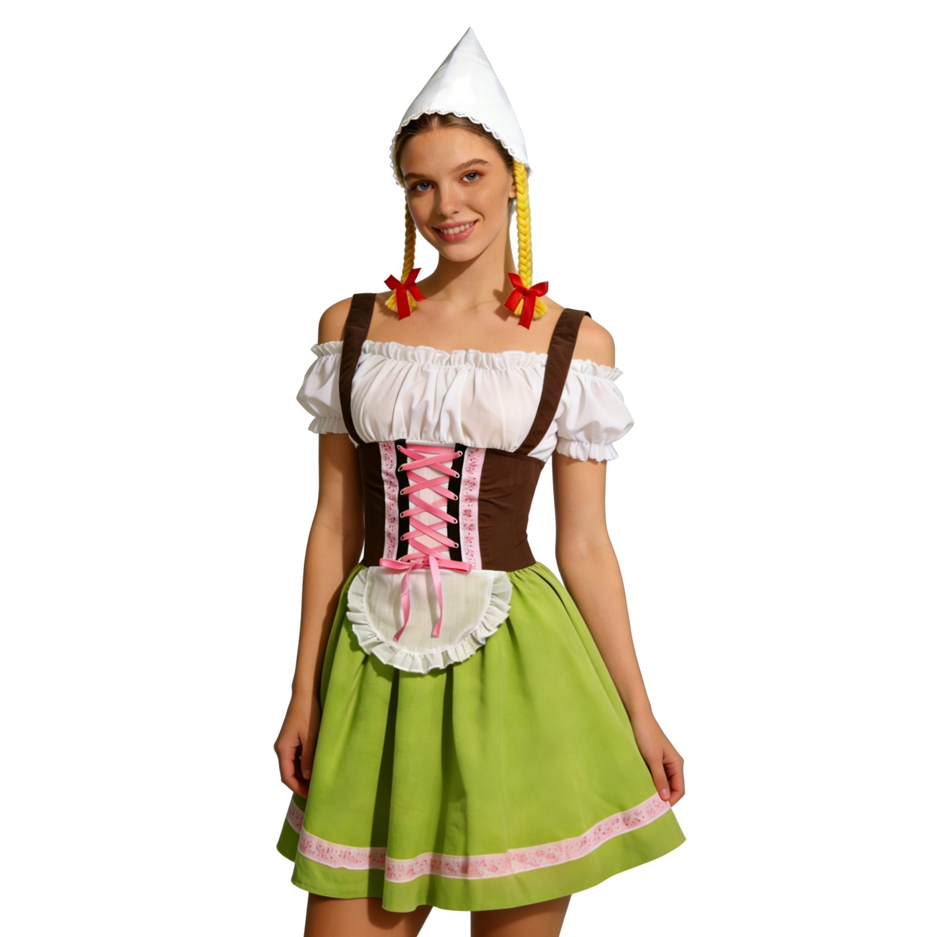 Vreni Grün Schulterfreies Dirndl Kostüm mit Schürze und Mütze für Damen | Oktoberfest Volksfest - S/M/L/XL/2XL/3XL