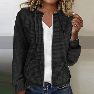 Heinz Schwarz Waffelstruktur Kapuzen-Sweatshirt mit Reissverschluss für Damen | Casual Freizeit - S/M/L/XL/2XL