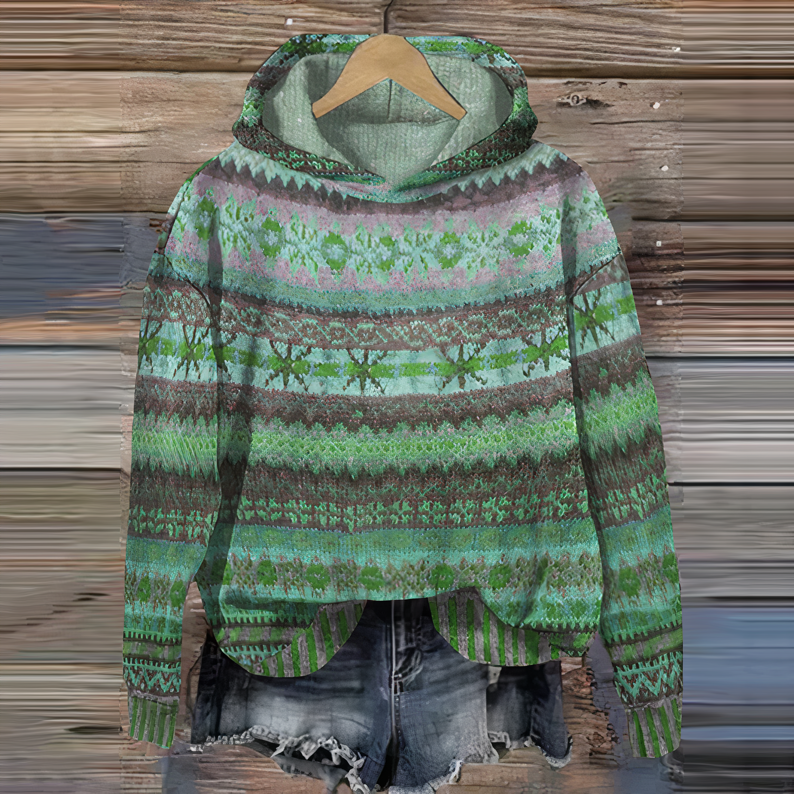 Rosmarie Maronbraun Vintage Ethnomuster Kapuzenpullover für Damen | Boho Casual Stil - S/M/L/XL/2XL/3XL/4XL/5XL