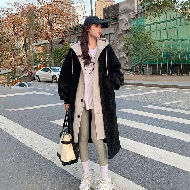Veronika Weiss Oversized Langer Kapuzenmantel für Damen | Zweifarbig Sherpa-Optik Winter Casual - S/M/L/XL/2XL