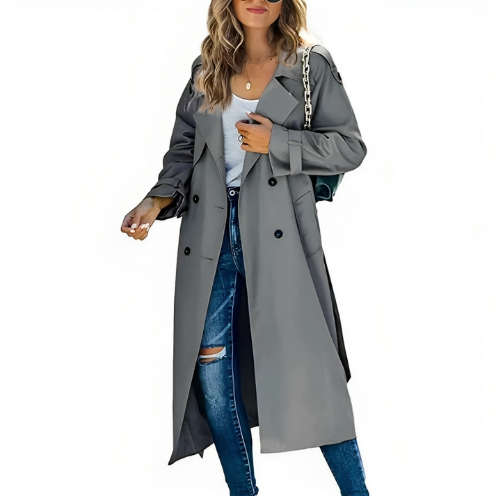 Monika Rosa Zweireihiger Langer Trenchcoat für Damen | Atmungsaktiv Casual Elegant - XS/S/M/L/XL/2XL/3XL