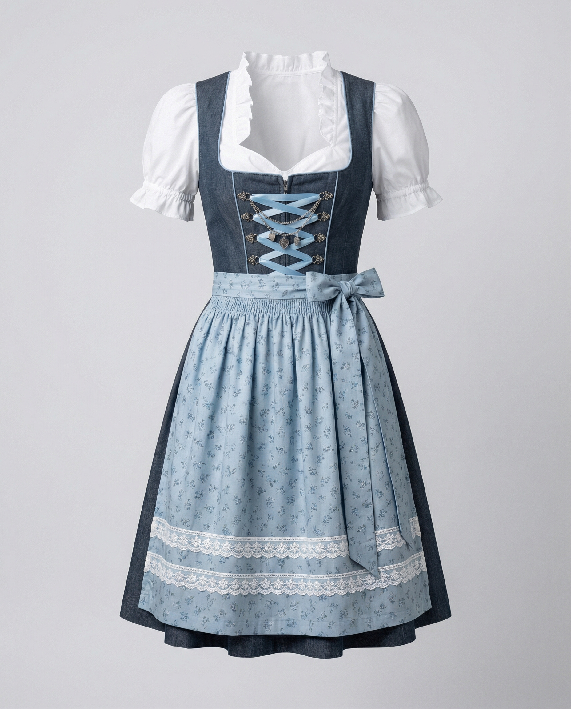 Vreni Blau Tailliertes Midi-Dirndl für Damen | Oktoberfest Trachtenkleid mit Schürze - XS/S/M/L/XL/2XL/3XL/4XL