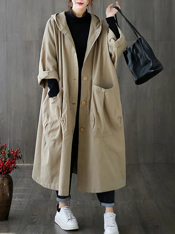 Brigitte Beige Wasserdichter Langer Trenchcoat mit Kapuze für Damen | Oversized Casual Herbst - S/M/L/XL/2XL/3XL