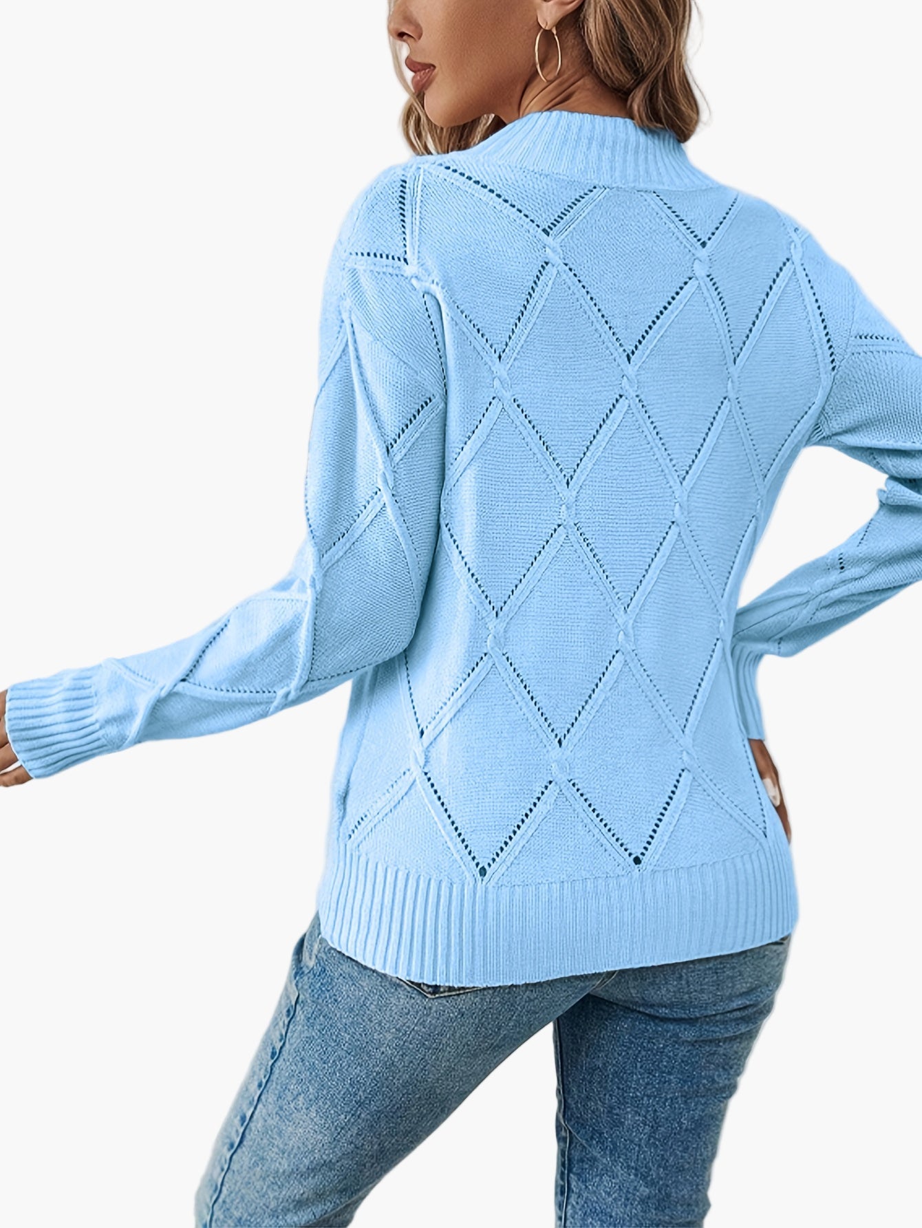 Regina Hellblau Rautenmuster Strickpullover für Damen | Rundhals Casual Büro - S/M/L/XL/2XL