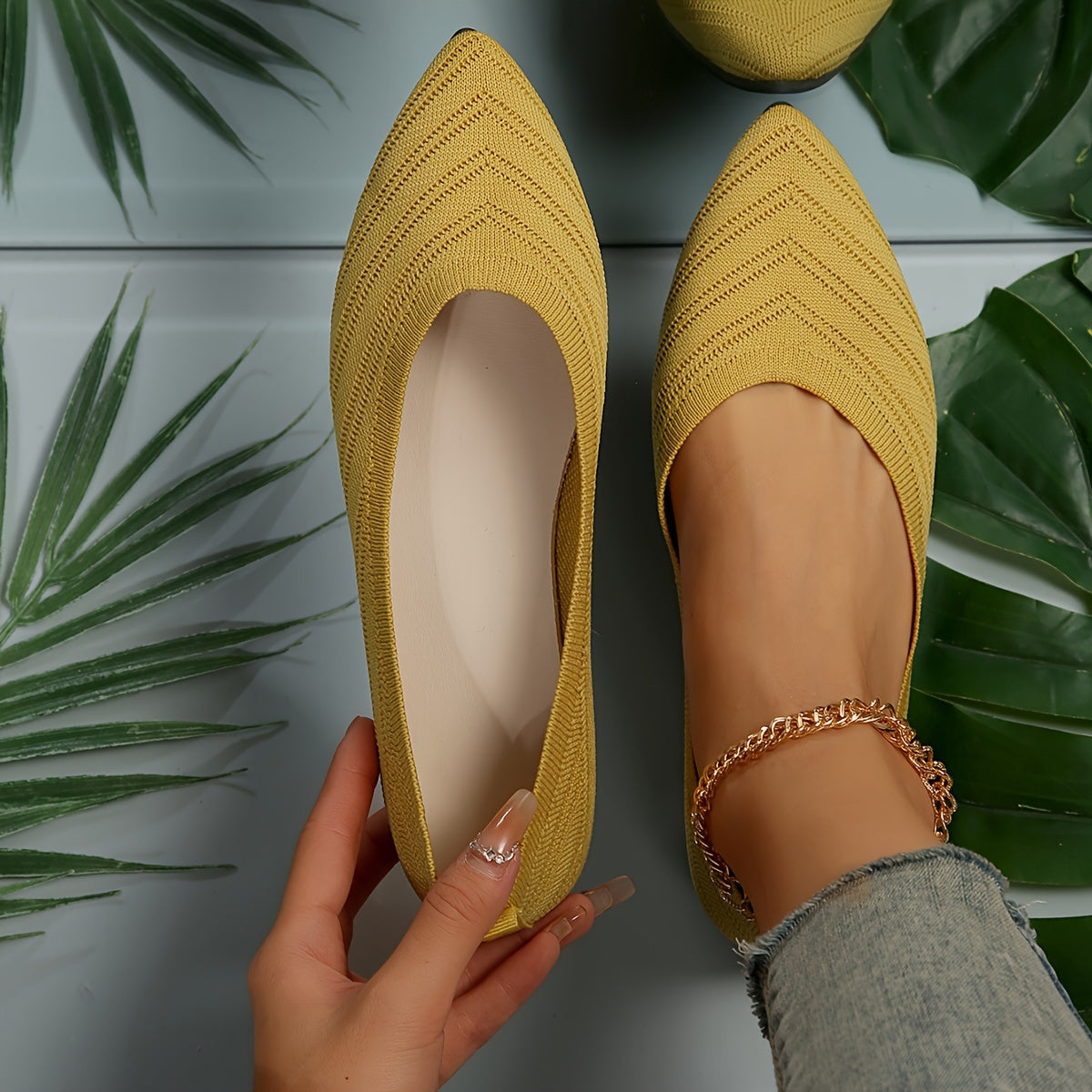 Nadine Aprikose Gestrickte Spitzschuh Flats für Damen | Leichter Slip-On Komfort | Alltag und Büro - 35/36/37/38/39/40/41/42/43