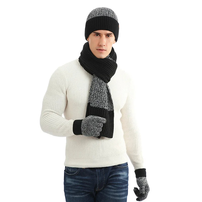 Werner Bordeaux Gestricktes Winter-Set Mütze Schal Handschuhe für Herren | Kontraststreifen Casual - Einheitsgrösse