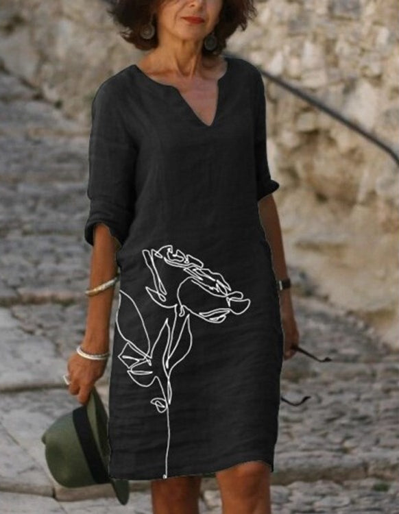 Rosemarie Weiss Bedrucktes Midi-Kleid für Damen mit V-Ausschnitt | Leichter Komfort Alltagsstil - S/M/L/XL/2XL/3XL
