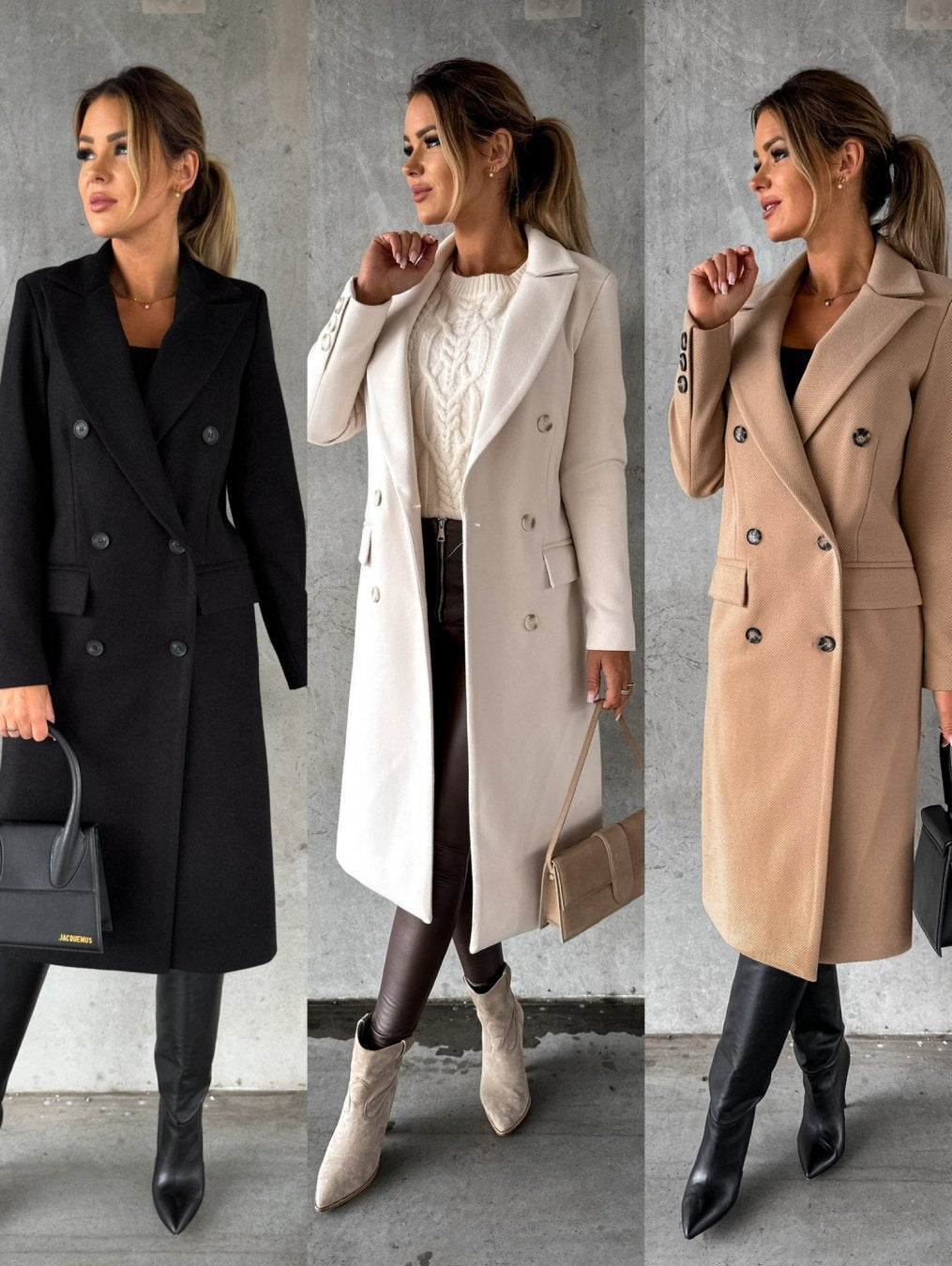 Vreni Beige Zweireihiger Midi-Mantel für Damen | Klassischer Reverskragen Herbst Winter - S/M/L/XL/2XL